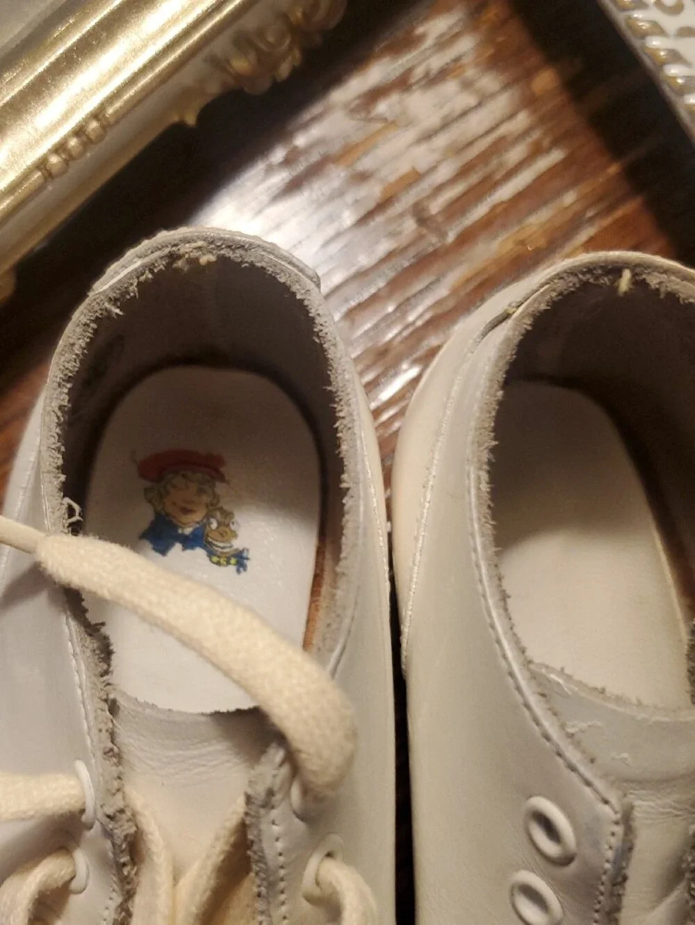 Antique Buster Brown White Baby Walker Lace-Up Shoes with Bells